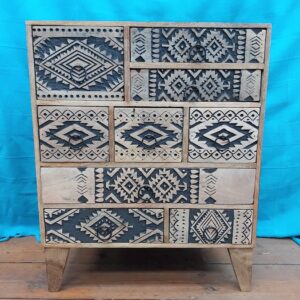 Indian Nine Drawer Mango Wood Bedside Cabinet with a black wash finish to the front Carving