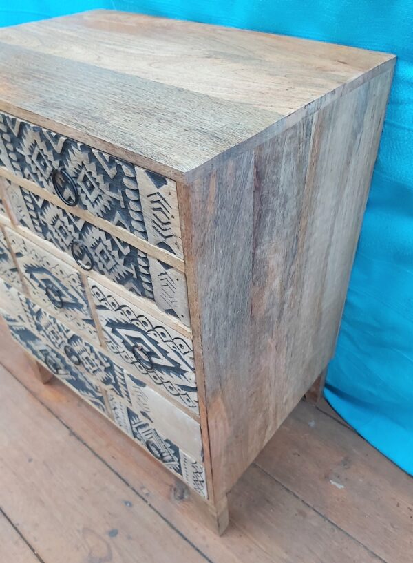 Indian Nine Drawer Mango Wood Bedside Cabinet with a black wash finish to the front Carving