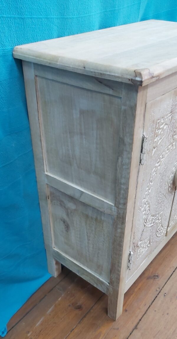 Indian Two-door Carved Front Mango Wood Cabinet with a white-wash finish to Carving
