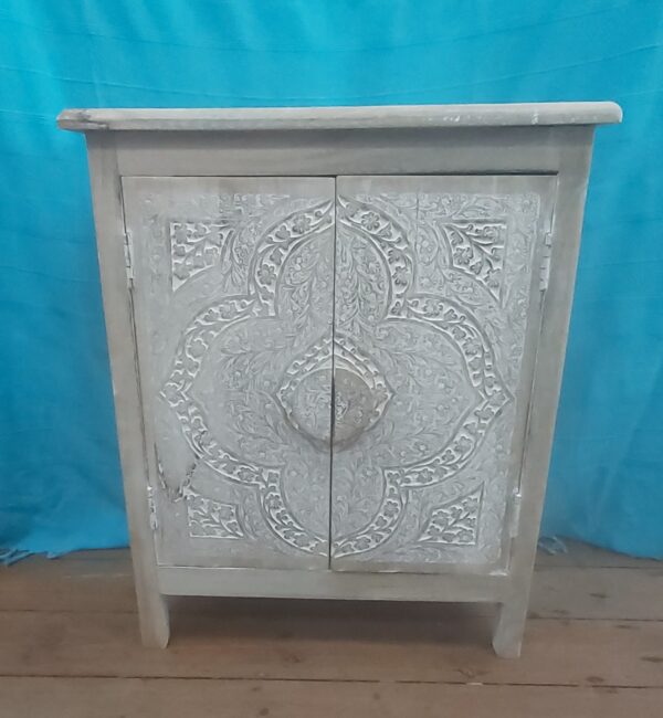 Indian Two-door Carved Front Mango Wood Cabinet with a white-wash finish to Carving